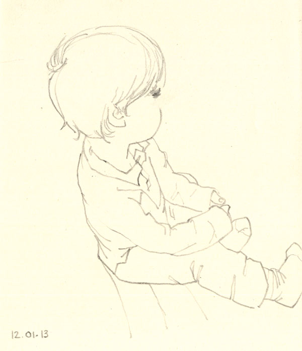 Croquis - Douze - Gaston captivé par un dessin animé, janv. 2013