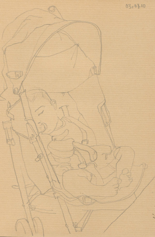 Croquis Barcelonais - Juillet 2010 - Gaston dans sa poussette, juil. 2010
