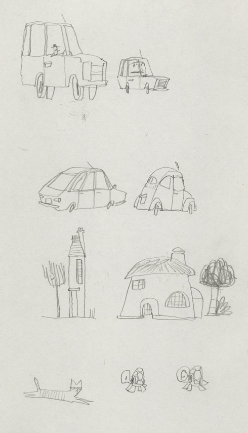 Des voitures, des maisons, un chat et des tortues